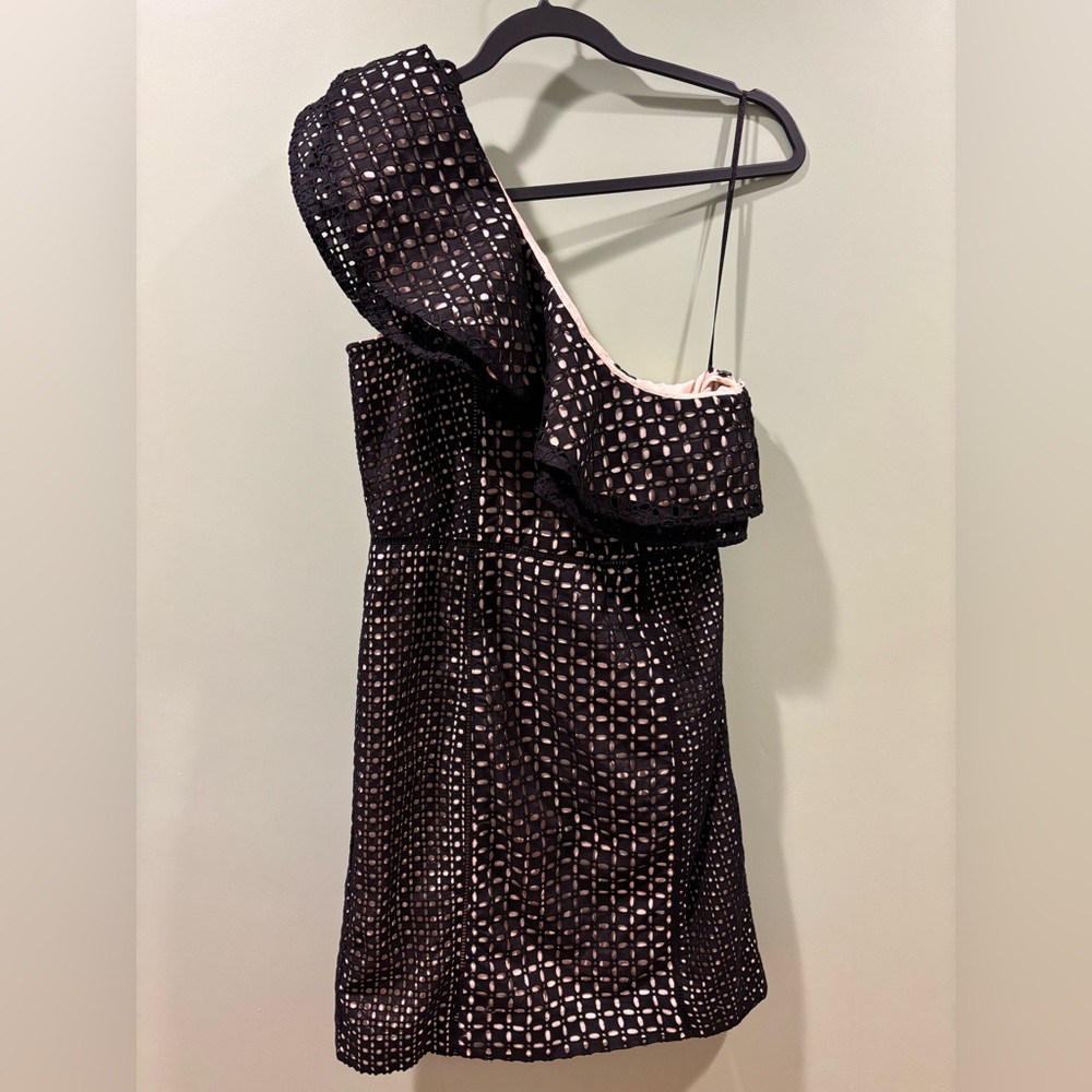 J. Crew Black and Champagne Asymmetrical Ruffled Cocktail Dress